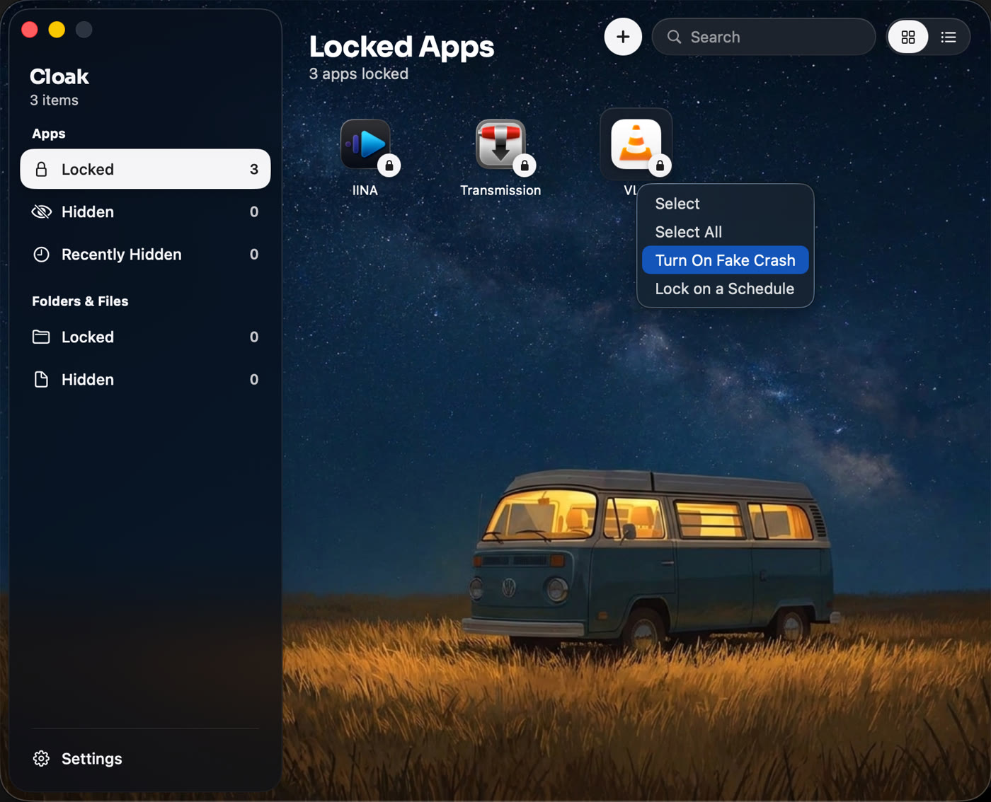Right-click a locked app in Cloak and choose Turn On Fake Crash