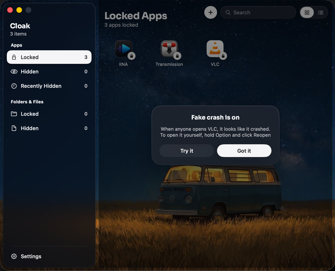 Cloak confirms fake crash is on and shows how to open the app yourself