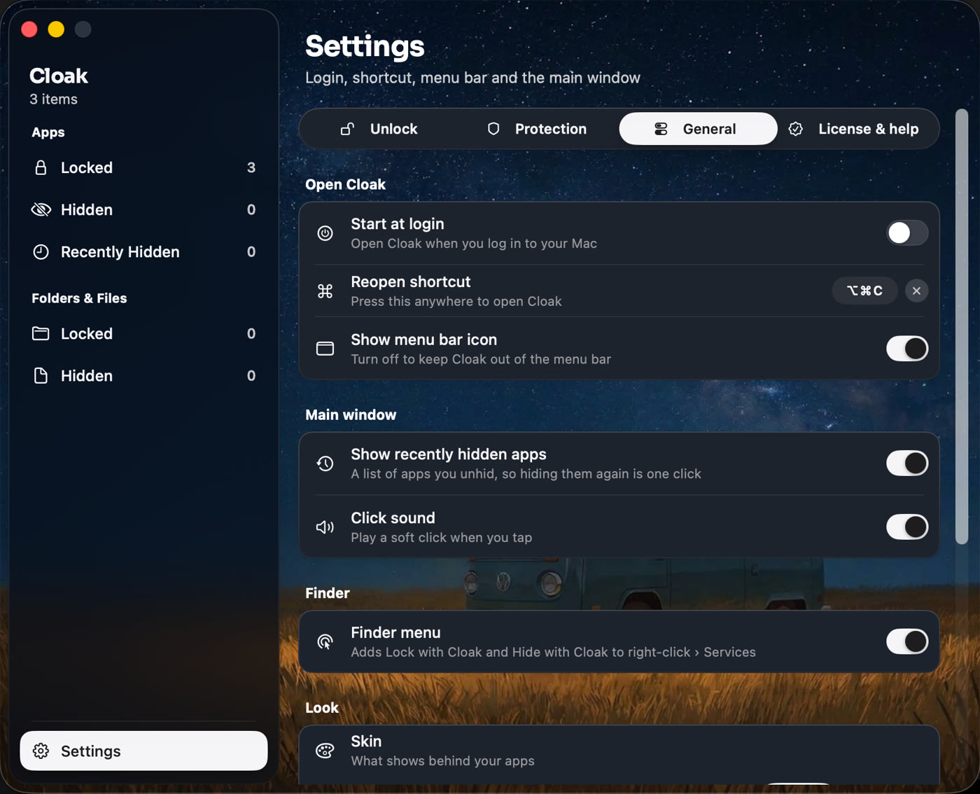 Settings, General tab in Cloak, with the Finder menu switch turned on