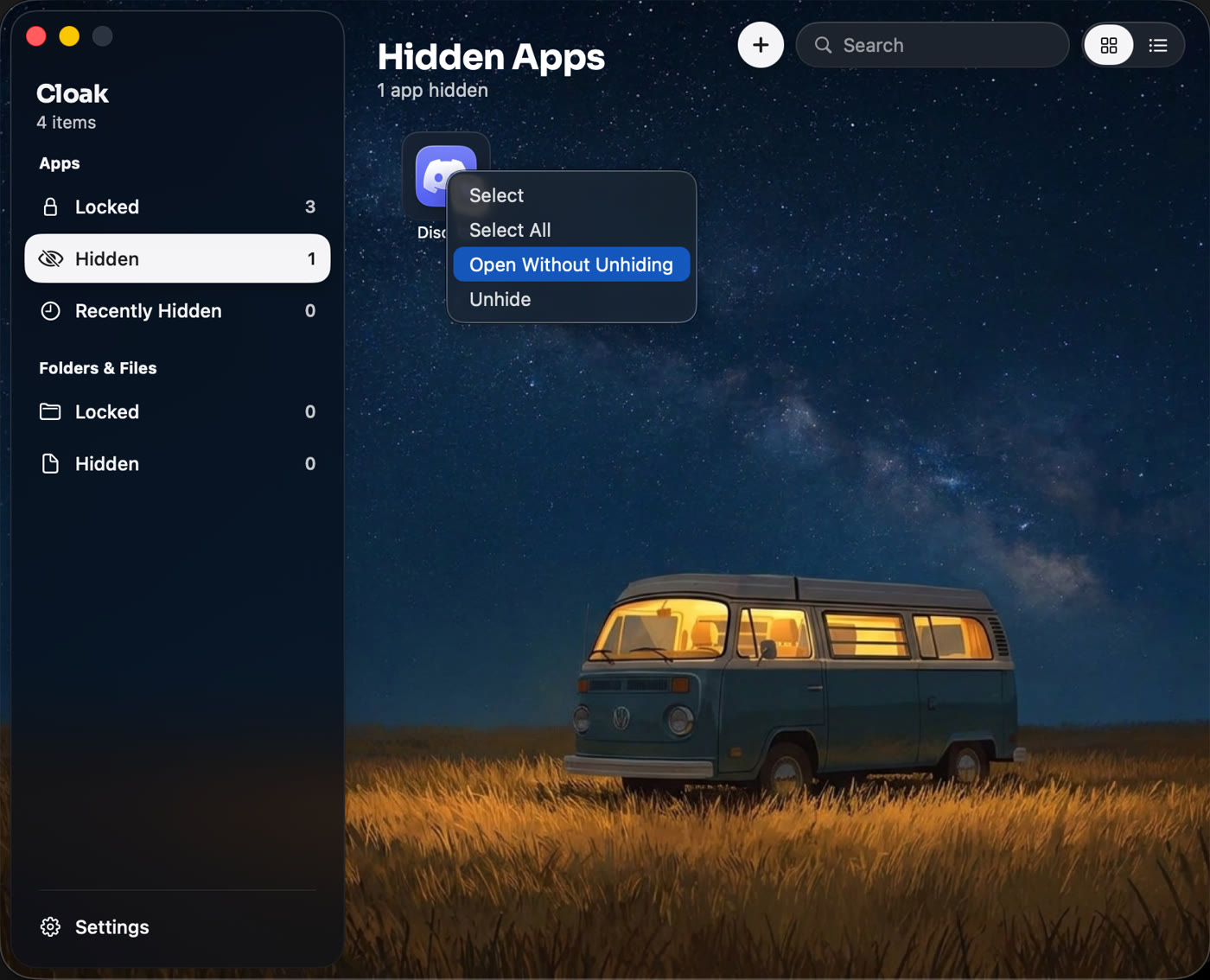 Right-click a hidden app in Cloak and choose Open Without Unhiding