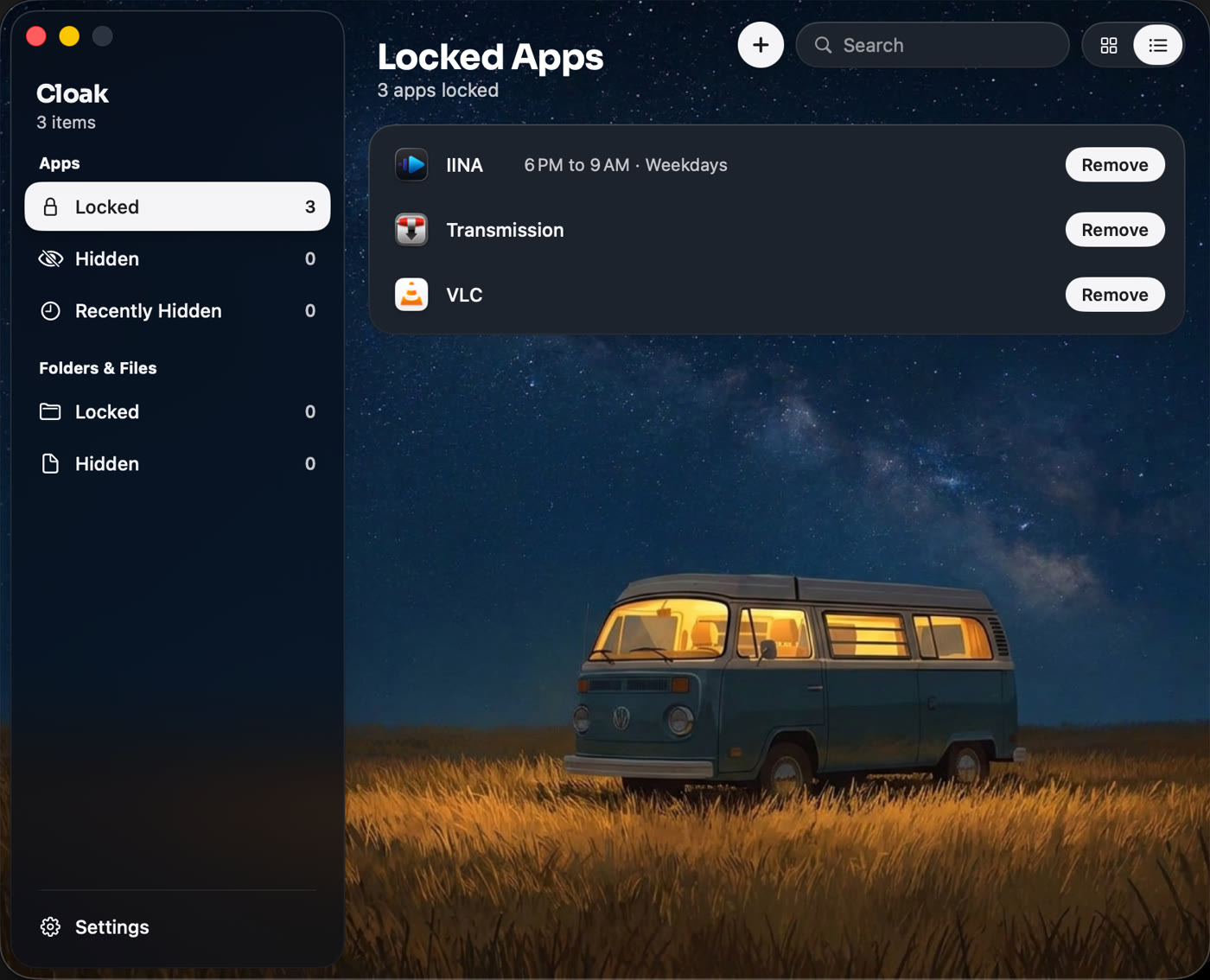 Locked apps in list view, with IINA showing 6 PM to 9 AM, Weekdays